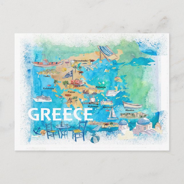 Postal Mapa de viajes ilustrado de Grecia con puntos de r (Anverso)