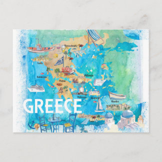 Postal Mapa de viajes ilustrado de Grecia con puntos de r