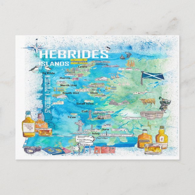 Postal Mapa de viajes ilustrado de Hebrides Islands (Anverso)