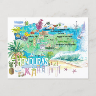 Postal Mapa de viajes ilustrado de Honduras con carretera