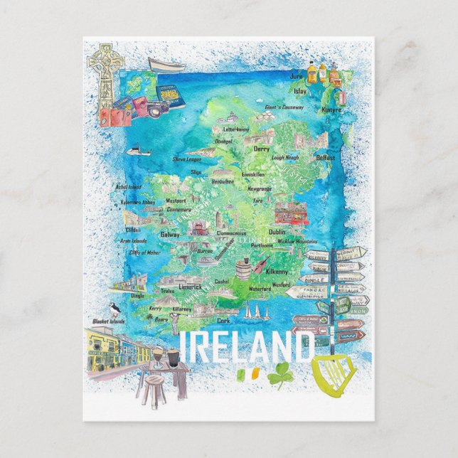 Postal Mapa de viajes ilustrado de Irlanda (Anverso)