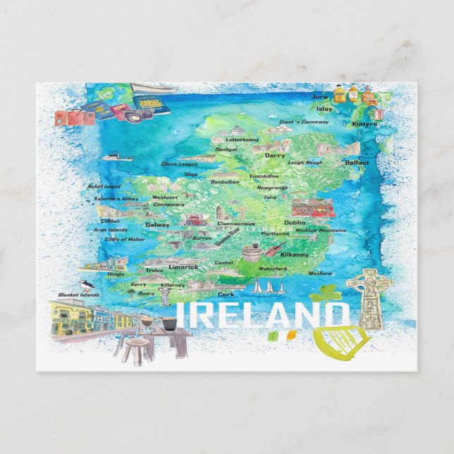 Postal Mapa de viajes ilustrado de Irlanda con carreteras (Anverso)