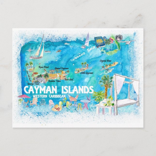 Postal Mapa de viajes ilustrado de las Islas Caimán con c (Anverso)