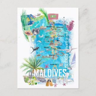 Postal Mapa de viajes ilustrado de las Islas Maldivas