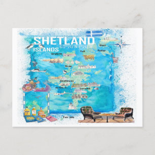 Postal Mapa de viajes ilustrado de las Islas Shetland