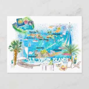 Postal Mapa de viajes ilustrado de las Islas Vírgenes de
