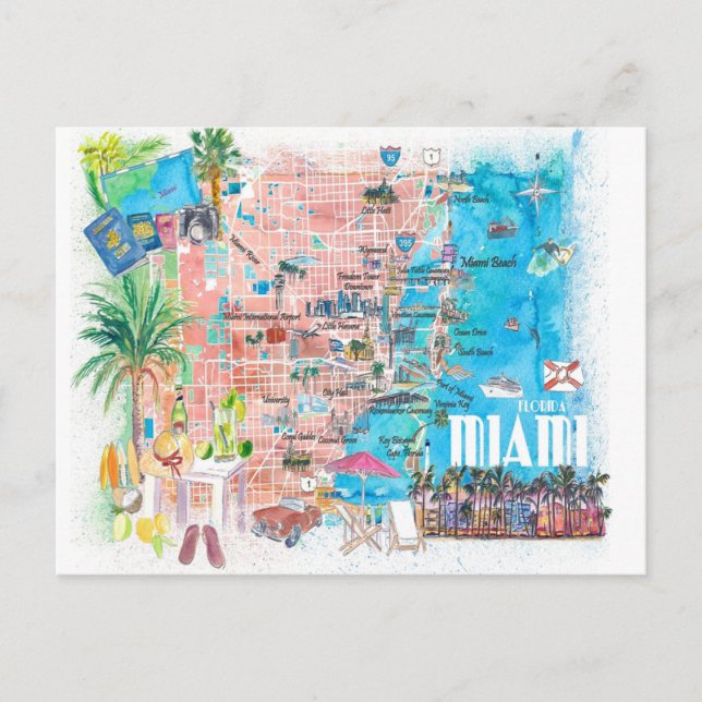 Postal Mapa de viajes ilustrado de Miami Florida con carr (Anverso)