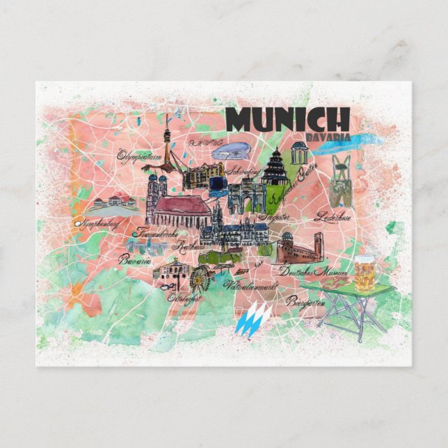Postal Mapa de viajes ilustrado de Munich Bavaria (Anverso)