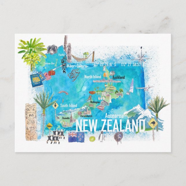 Postal Mapa de viajes ilustrado de Nueva Zelandia (Anverso)