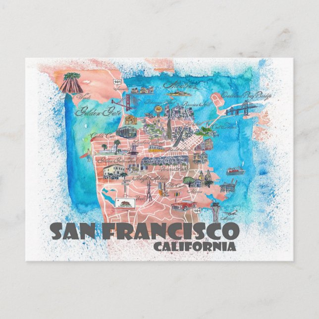 Postal Mapa de viajes ilustrado de San Francisco (Anverso)