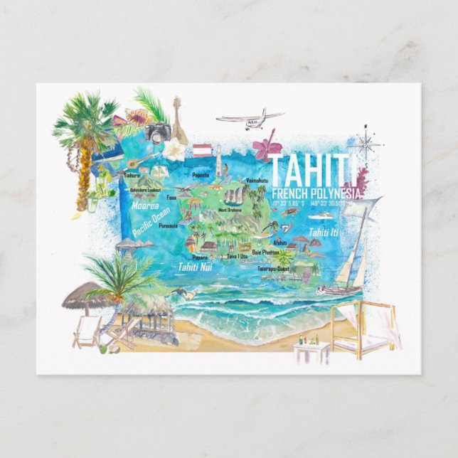 Postal Mapa de viajes ilustrado de Tahití con carreteras (Anverso)