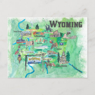 Postal Mapa de viajes ilustrado de USA Wyoming