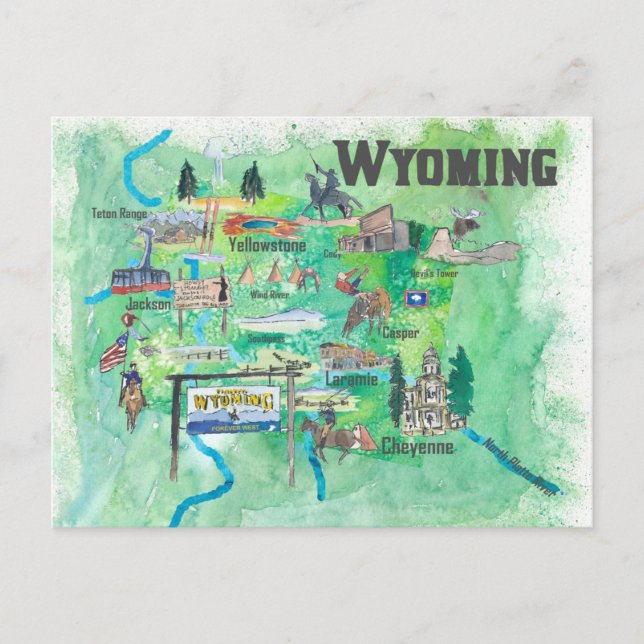 Postal Mapa de viajes ilustrado de USA Wyoming (Anverso)