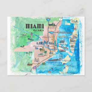 Postal Mapa de viajes retro de Miami Florida