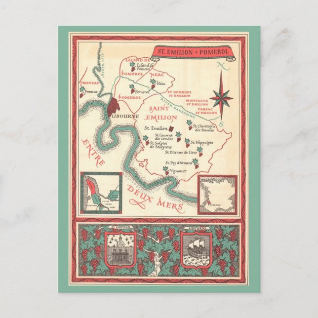 Postal Mapa de vino de Burdeos de St. Emilion (Anverso)
