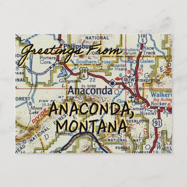 Postal Mapa de Vintage de Anaconda Montana (Anverso)