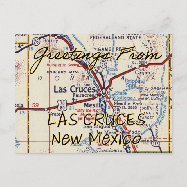 Postal Mapa de vintage de Las Cruces NM (Anverso)