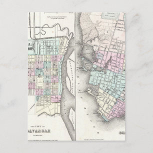 Postal Mapa de Vintage de Savannah y Charleston (1855)
