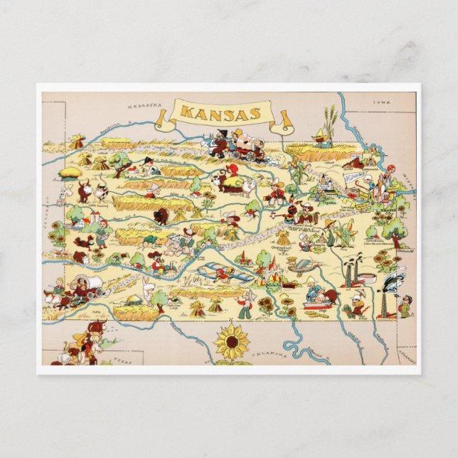 Postal Mapa de vintage divertido de Kansas (Anverso)
