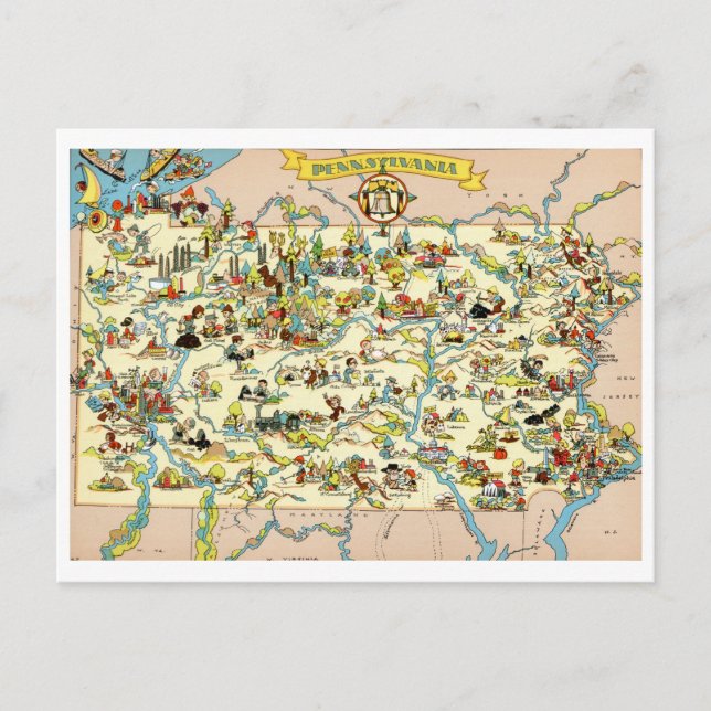 Postal Mapa de vintage divertido de Pennsylvania (Anverso)