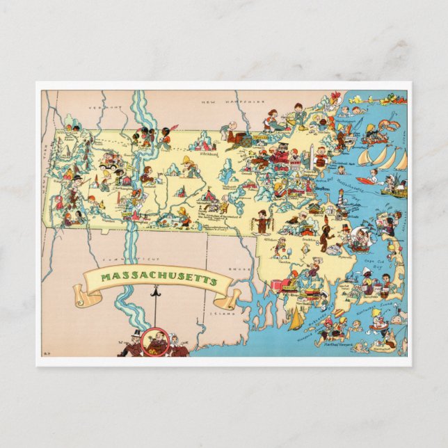 Postal Mapa de vintage divertidos de Massachusetts (Anverso)