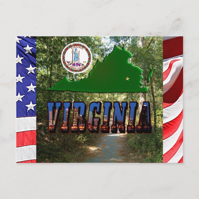 Postal Mapa de Virginia, sello de estado, texto de imagen (Anverso)