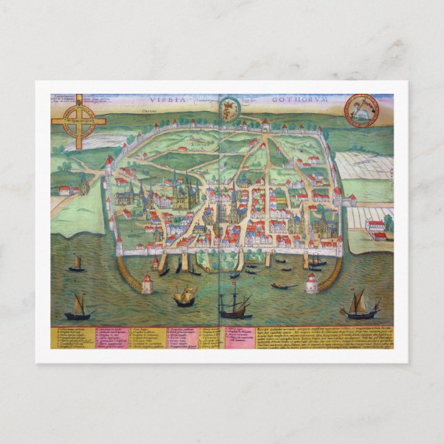 Postal Mapa de Visby, de 'Civitates Orbis Terrarum' por G (Anverso)