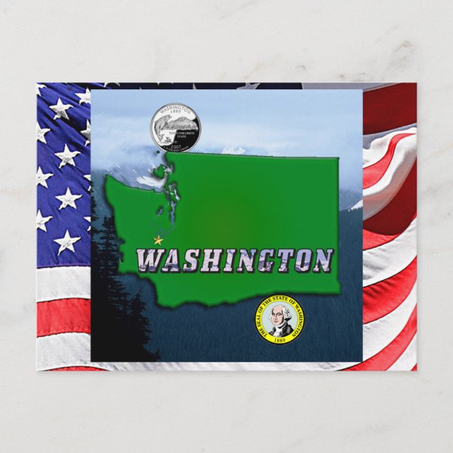 Postal Mapa de Washington Falso Cuarto, Sello, Montañas (Anverso)