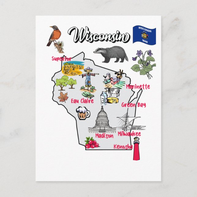 Postal Mapa de Wisconsin con destinos turísticos (Anverso)