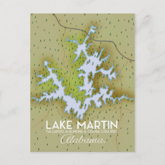 Postal Mapa del cartel de viaje de Lake Martin Alabama.