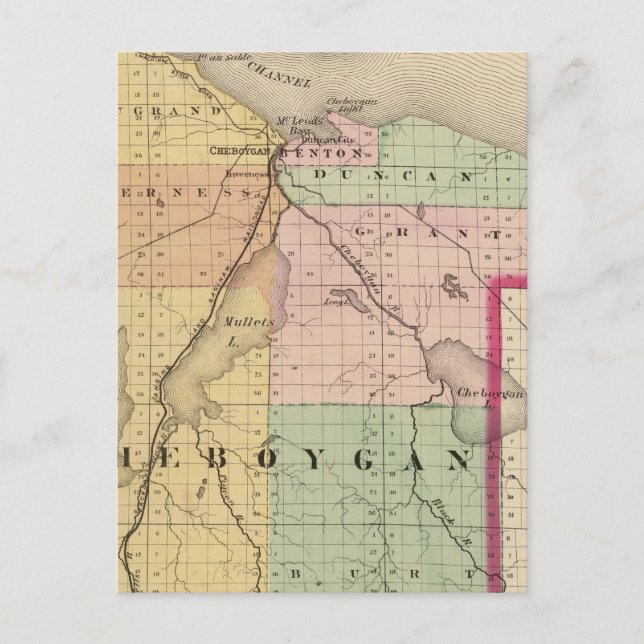 Postal Mapa del condado de Cheboygan, Michigan (Anverso)