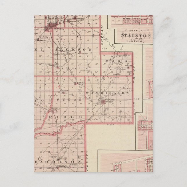 Postal Mapa del condado de Clay con Staunton, Harmony (Anverso)