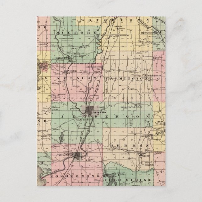 Postal Mapa del condado de Jefferson, estado de Wisconsin (Anverso)