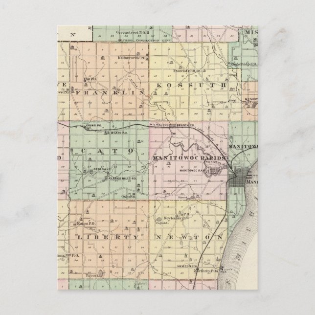 Postal Mapa del condado de Manitowoc, estado de Wisconsin (Anverso)