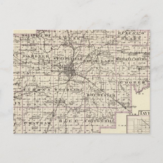 Postal Mapa del condado de Sangamon y Taylorville (Anverso)