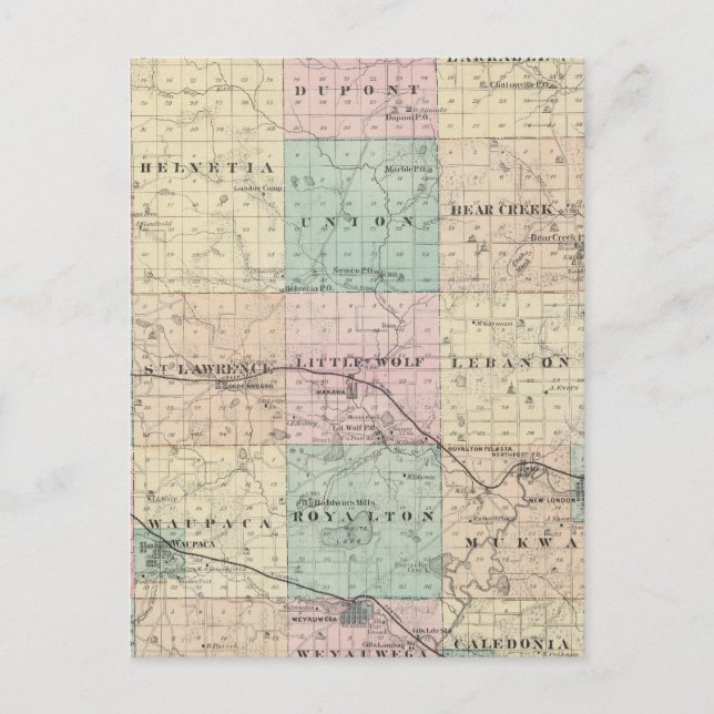 Postal Mapa del condado de Waupaca, estado de Wisconsin (Anverso)