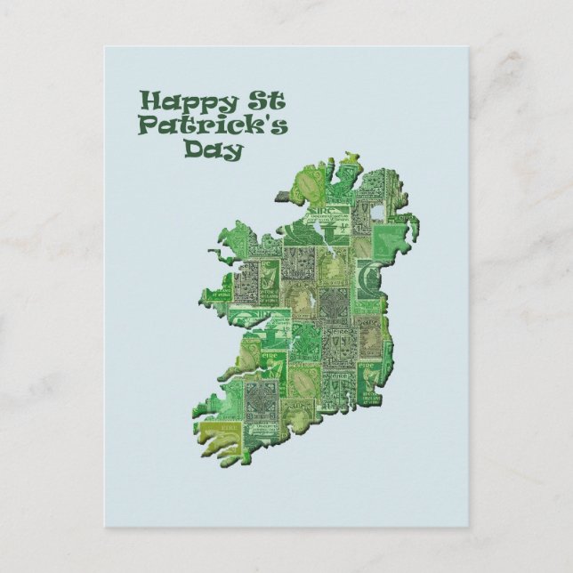 Postal Mapa del Día de San Patricio de Irlanda en sellos (Anverso)