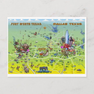 Postal Mapa del dibujo animado de Dallas Fort Worth