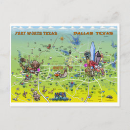 Postal Mapa del dibujo animado de Dallas Fort Worth
