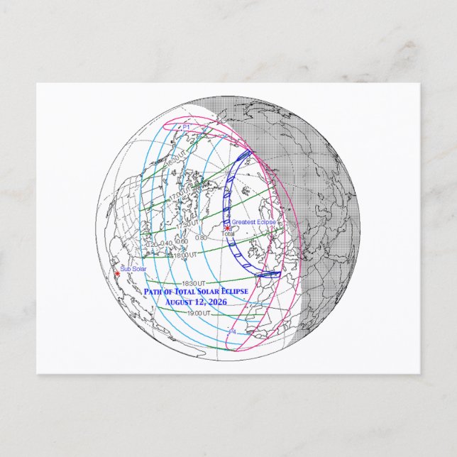 Postal Mapa del eclipse solar total de 2026 (Anverso)