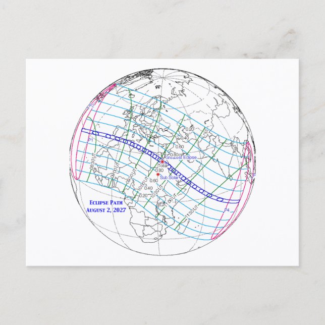 Postal Mapa del eclipse solar total de 2027 (Anverso)