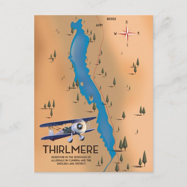 Postal Mapa del embalse de Thirlmere en el Distrito de lo (Anverso)