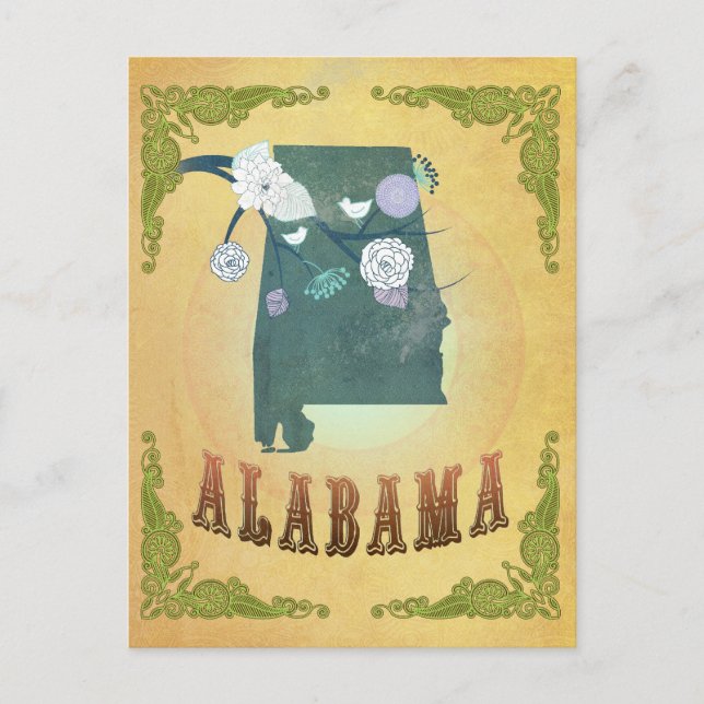 Postal Mapa del estado de Alabama de época - Amarillo de  (Anverso)
