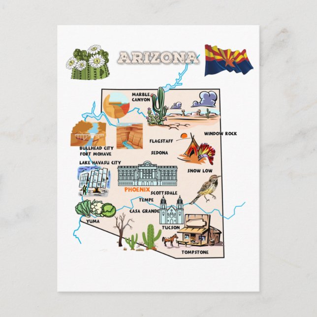Postal Mapa del estado de Arizona con destinos turísticos (Anverso)