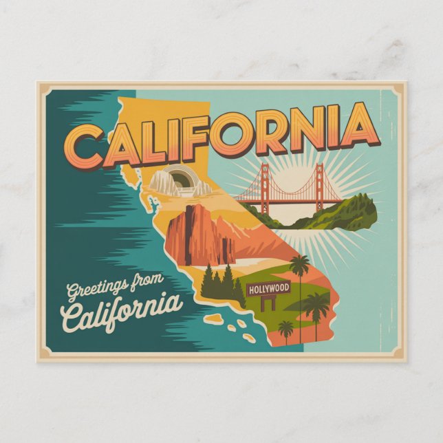 Postal Mapa del estado de California ilustrado (Anverso)