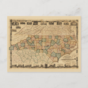 Postal Mapa del estado de Carolina del Norte (c 1870)