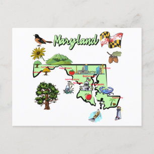 Postal mapa del estado de Maryland, EE.UU., las principal