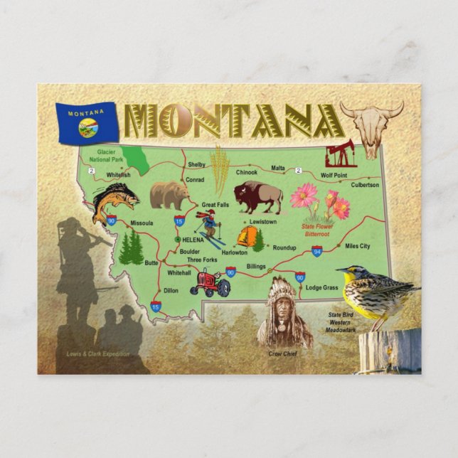 Postal Mapa del estado de Montana (Anverso)
