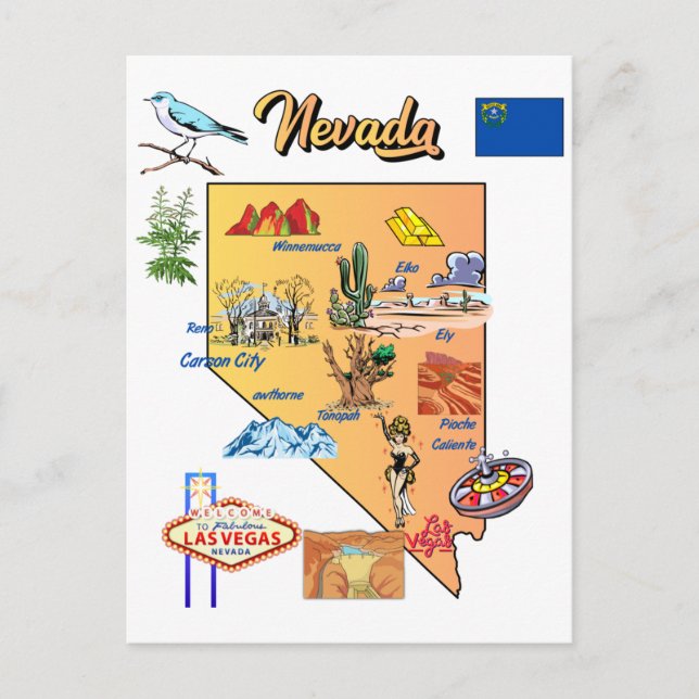 Postal Mapa del estado de Nevada con destinos turísticos (Anverso)