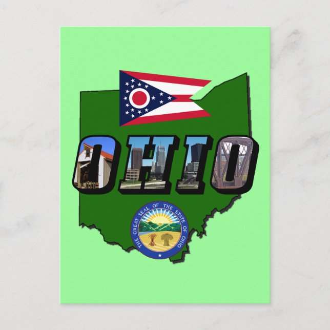 Postal Mapa del estado de Ohio, texto de imagen, bandera  (Anverso)